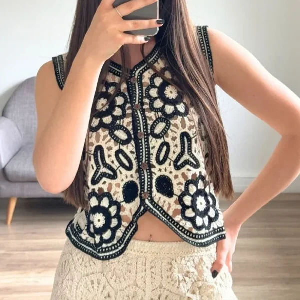 gilet crochet sans manche floraux