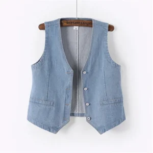 Gilet sans manche en jean vintage col V bleu clair femme