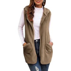 long gilet sans manche polaire marron