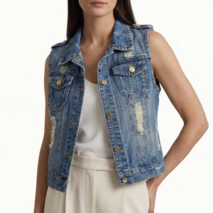 Gilet sans manche femme en jeans american vintage bleu